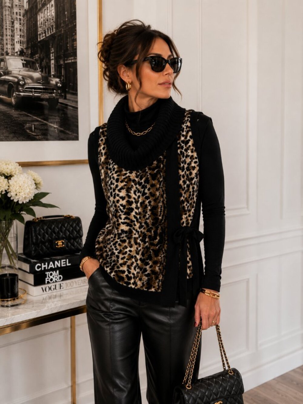 Tahari Faux Fur Leopard Wrap Vest Cowl Neck Sweater Animal Print Large